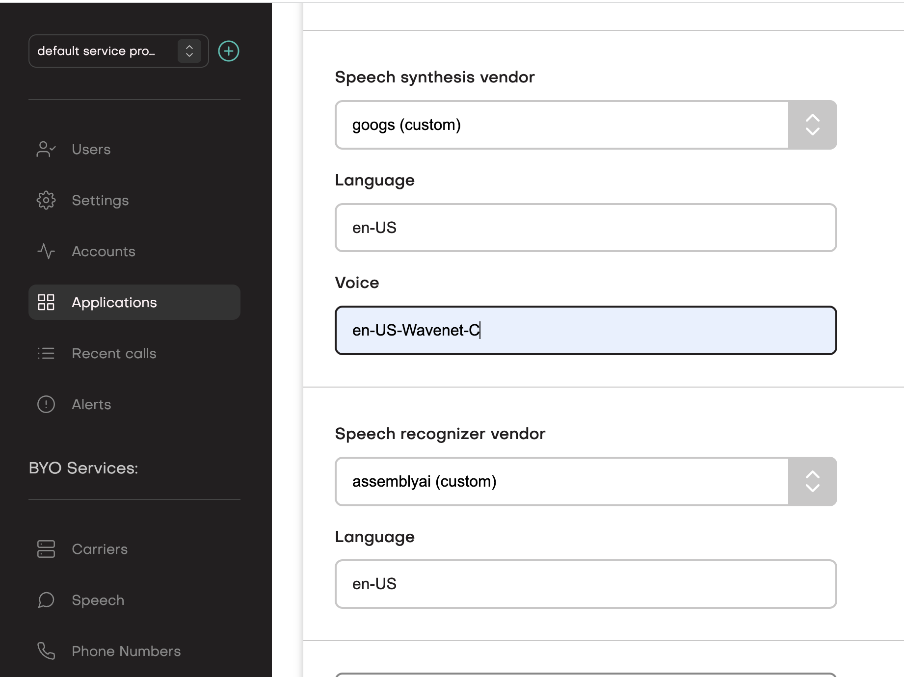 Selecting custom speech vendor